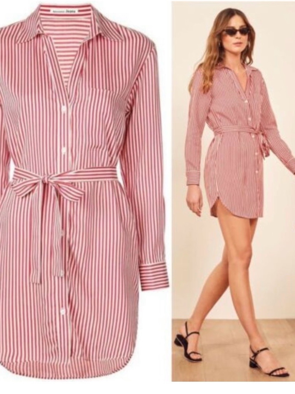Reformation Jeans Striped Button-Down Shirt Dress in Red and White